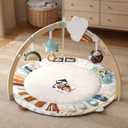 Blissful Diary Baby Play Gym & Activity Mat, 5 Developmental Zones Wooden Tummy Time Mat with 5 Detachable Sensory Toys for Motor Skills & Sensory Development, Baby Essentials Shower Gift (Gray Round)