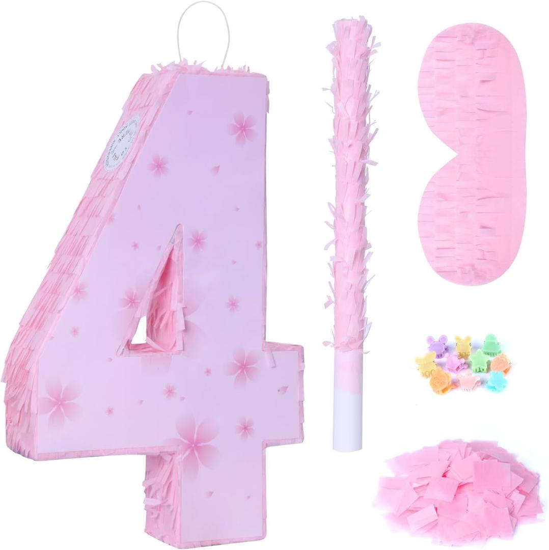 Pink Number 4 Piata with Pinata Stick & Blindfold for Kids Girls Boys 4th Birthday Party Decorations Carnival Games with Hair Claw Clip Gift (Number 4)