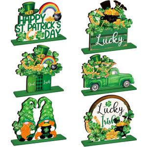 CroBlissful 6 Pcs St. Patrick's Day Table Decorations Wooden Irish Table Centerpieces Patrick's Day Clover Car Gnome Table Signs Patrick Decorations for Home Tiered Tray Decor