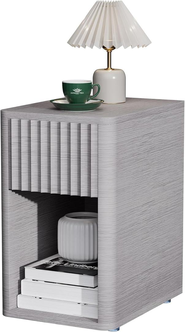 VICITON Fluted Narrow Night Stand,Thin Nightstand with Leather Surface, Small End Table with Storage, Living Room/Bed Side Table for Small Spaces (Light Gray, Normal)