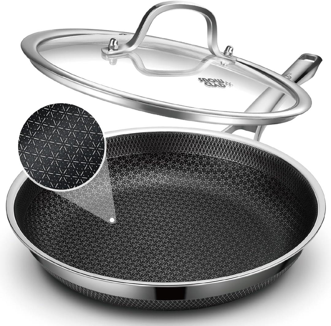 Frying Pan with Lid, 10 Inch Hybrid Non Stick Stainless Steel Skillets, Dishwasher Induction Oven Broiler Safe, Non Toxic Chef's Pan, PFOA Free Cookware