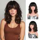 Bob Wig, 14 Inch Black Mixed Brown Short Bob Wigs with Bangs for Women Girls, Loose Wavy Hair Shoulder Length Synthetic Bob Wig for Cosplay Daily Party Use, Adjustable Straps Wigs with Wig Cap