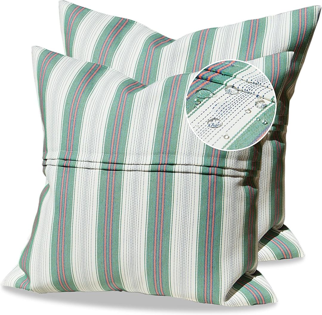 Pack of 2 Spring Outdoor Waterproof Pillow Covers 18x18 Coastal Hampton Style Decorative Outdoor Throw Pillows Garden Square Cases for Patio Furniture, Couch, Bench, Green And White Striped