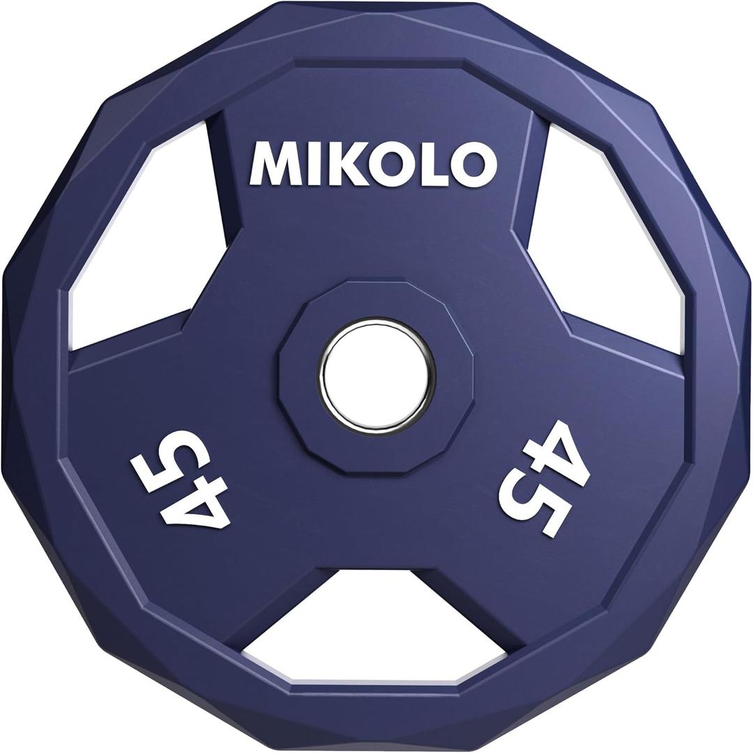 Mikolo Olympic Weights Set 2-Inch Rubber Coated Plates, 12-Sided Non-Roll Weight Plates Grip with 3 Handles for Home Gym, Strength Training, Single, Pair and Sets (45 LB)