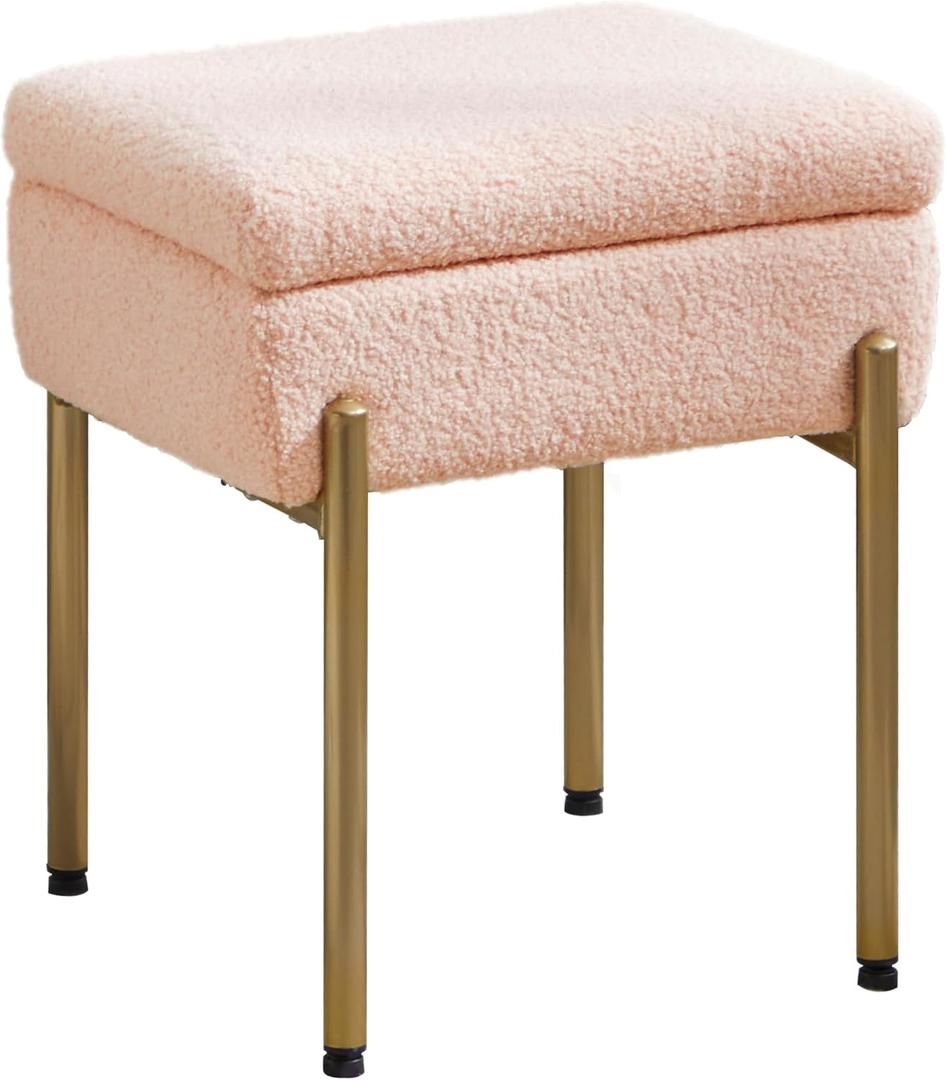 Vanity Stool Chair, Small Ottoman Stool with Storage, Makeup Vanity Chair with Anti-Slip Feet, Footstool Ottoman with Metal Legs, Storage Chairs for Makeup Room, Bedroom, Living Room (Pink)