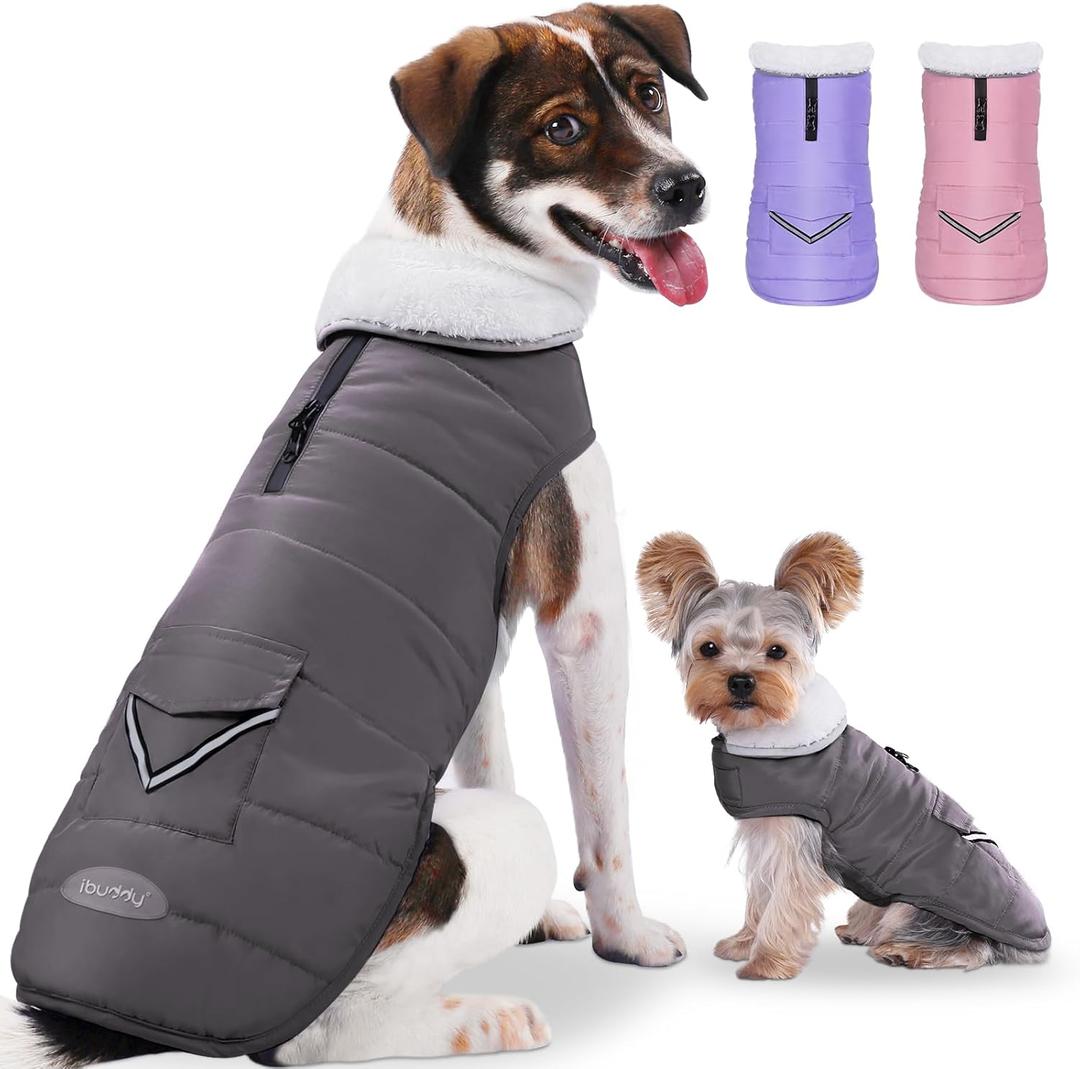 iBuddy Dog Winter Jacket for Large Dogs, Easy on Dog Snow Coat Velcro Waterproof Pet Puffer Coat with Harness Hole Adjustable Reflective Quilted Pet Cold Weather Vest Wind-Poof for Boy Male (Gray)