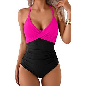 B2prity Women's One Piece Swimsuits Tummy Control Front Cross Bathing Suits Tie Back Slimming V Neck Swimwear, Larg