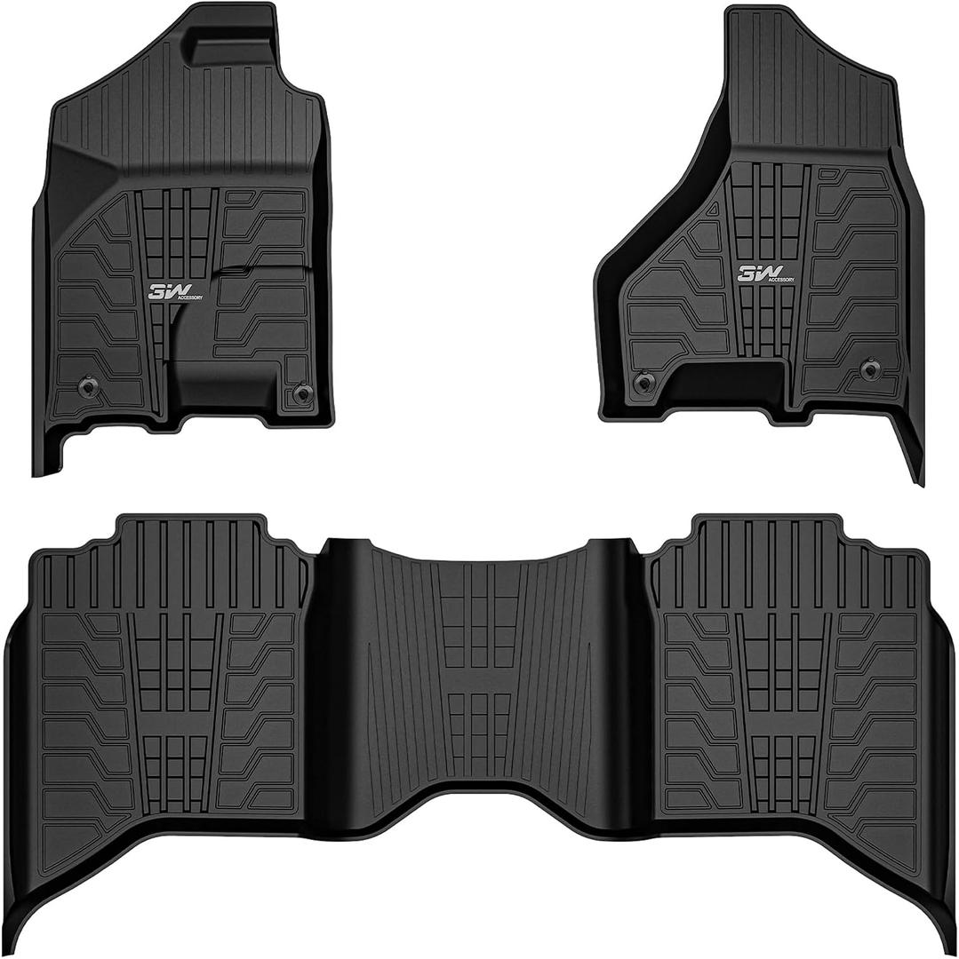 3W Floor Mats Fit for 2013-2018 Dodge Ram 1500/2500/3500 Crew Cab, 2019-2024 Ram 1500 Classic Crew Cab All Weather TPE Custome Fit Accessroies Floor Liner for Dodge Full Set Car Mats