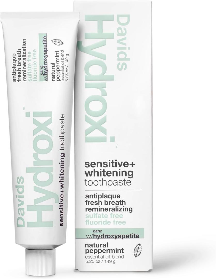 Davids Hydroxi Fluoride Free Nano Hydroxyapatite Toothpaste for Remineralizing Enamel & Sensitive Relief, Whitening, Antiplaque, SLS Free, Natural Peppermint, 5.25oz, Made in USA (5.25 Ounce (Pack of 1))