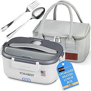 FORABEST Heated Lunch Box, 80W Electric Lunch Box for Adults, Portable Food Warmer with 1.5L Stainless Steel Container, Utensils & Carry Bag, On/Off Switch, 12V/24V Car/Truck & 110/120V Home/Office