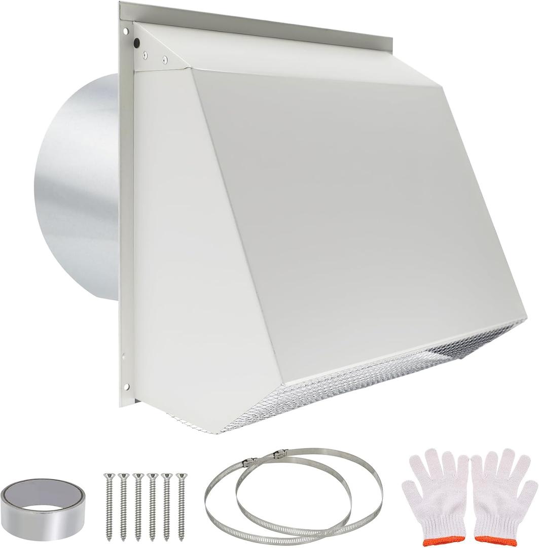 Upgraded 10 Inch Hooded Wall Vent, Outdoor Wall Exhaust Vent Cover Wall Cap with Screen & Damper for Exterior Kitchen Range Hood, Ventilation Dryer, HVAC Duct Air Exhaust, Galvanized Steel, White