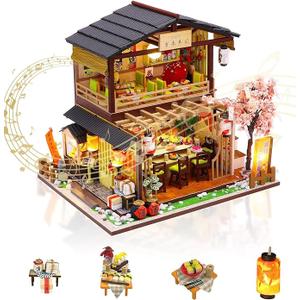 DIY Miniature Dollhouse Kit, Japanese Tiny House Model with Music Box, LED Light, Dust Proof Cover, 3D Wooden Puzzle for Adults, Creative Handmade Crafts Home Decor Hobby Birthday Gift (Sushi Shop)