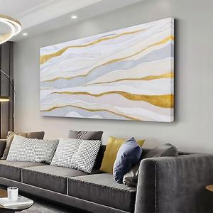 AERART Abstract Wall Art White and Gold Wave Lines Canvas Print Artwork Abstract Wall Decor Paintings for Living Room Bedroom Office Home Decor 24x48 Inch