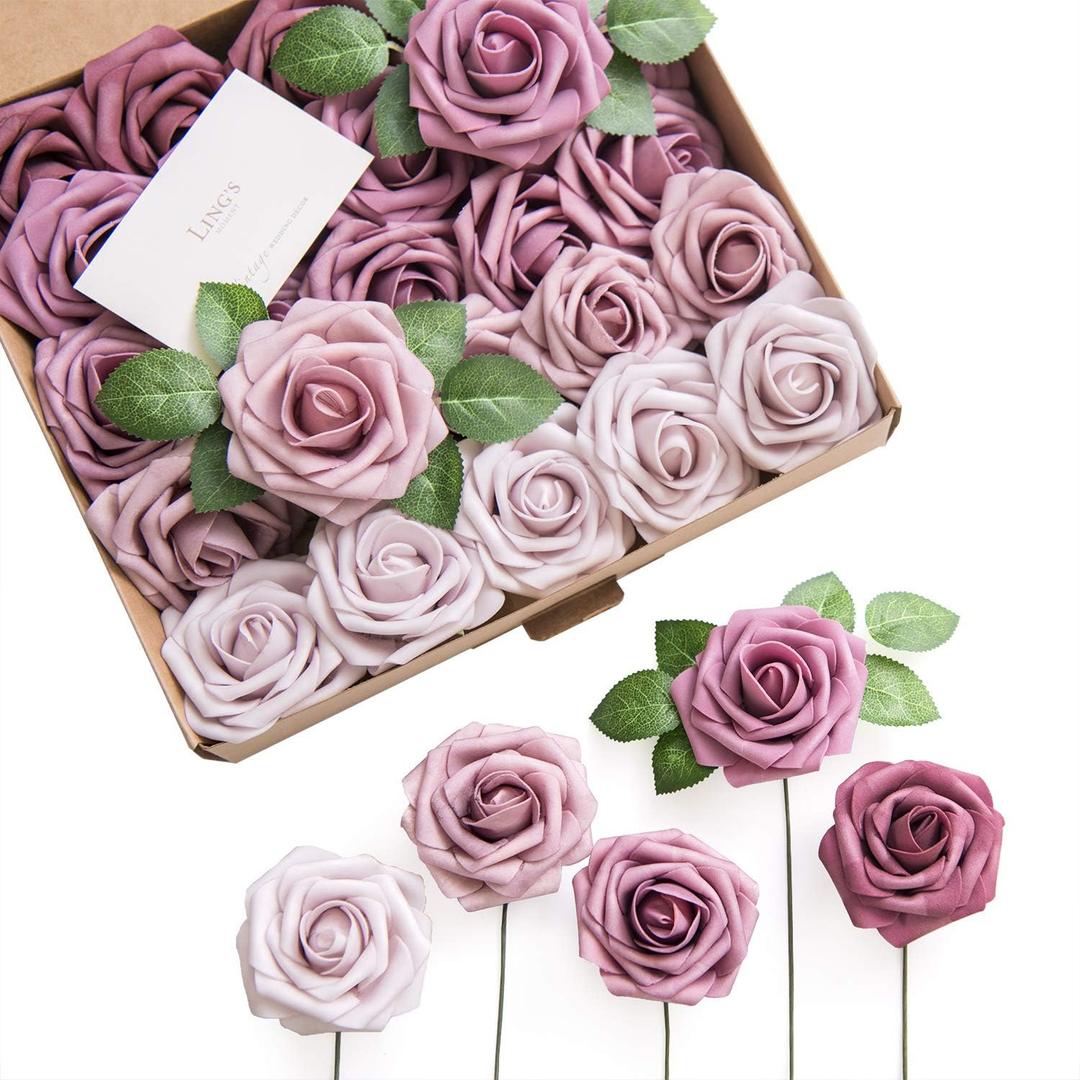 Ling's moment Artificial Flowers, 25Pcs 3" Roses in Mauve Shades, Realistic DIY Foam Floral Decor for Wedding Bouquets/Centerpieces, Outdoor Party Backdrops, Room/Table, and Garden/Pot Decorations