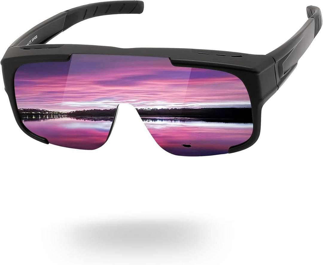 FEISEDY Polarized Fit Over Glasses Sunglasses for Men Women, Sports Wrap Around for Driving Cycling Fishing B0315 (Large, 06 Black Frame/Purple Mirrored Lens)