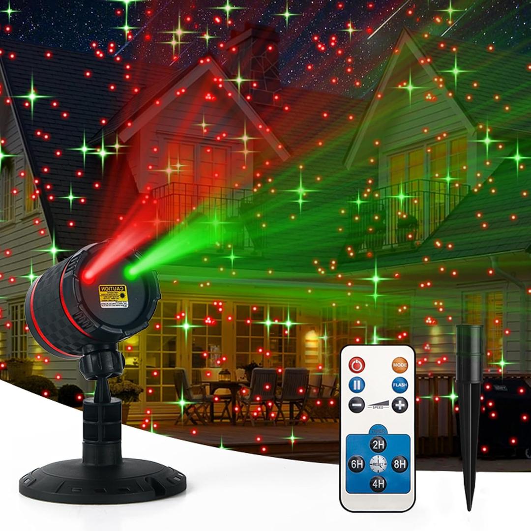 Christmas Laser Projector - Red and Green Starry Outdoor Garden Light with Remote Control for Xmas Holiday Decoration New Year Party Show (Twinkling Star-Red+Green)