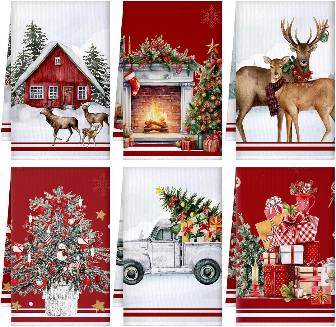 Geyoga 6 Pcs Christmas Kitchen Towels 16 x 24 Inch Vintage Xmas Hand Towels Santa Elk Snowman Decor Candy Dish Towel Absorbent Winter Tea Bedroom Decoration Gifts (Red, Green, Tree)