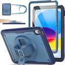 SEYMAC stock Case for iPad A16 11-inch Case 2025/ for iPad 11th/ 10th Generation 10.9'' 2022, Protective with Screen Protector, Pen Holder, Rotate Stand, Loop Nylon Hand Strap, Shoulder Strap, Blue