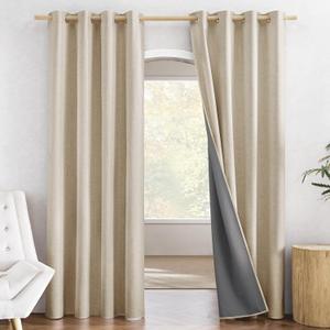 NICETOWN Cream 100% Blackout Linen Curtains 84 inch Long Burg for Living Room, 1 Pair, 52" Width Each Panel, Farmhouse Thick Completely Blackout Window Treatment Thermal Insulated Drapes