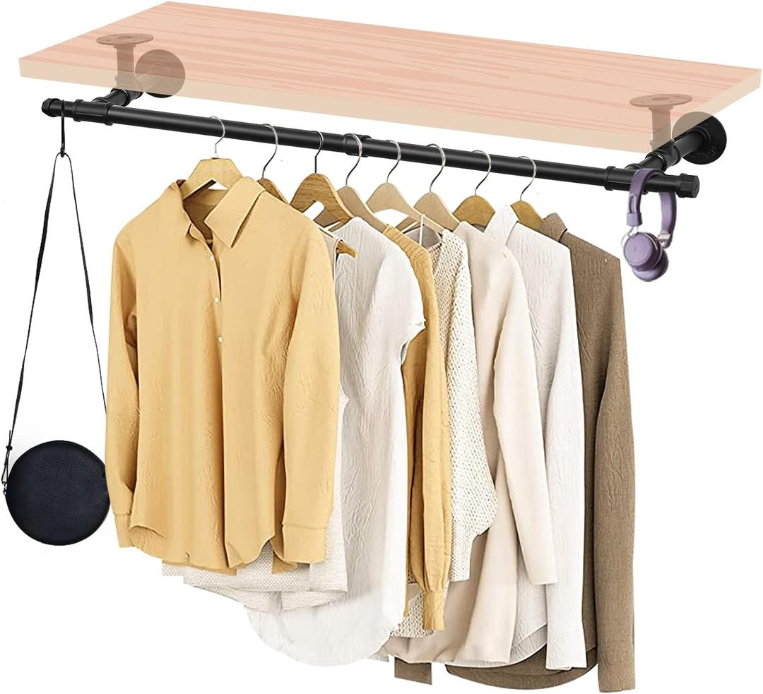 48'' Wall Mounted Clothes Rack Iron Industrial Pipe Clothes Rod with Top Shelf Pipe Rack (Wood Plank Not Included) (48'' 1 Pcs (NOT included wood planks))