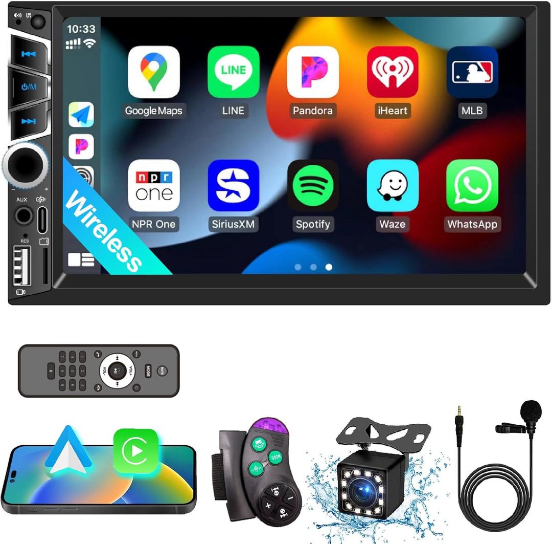 7" Double Din Car Stereo with Wireless Apple CarPlay, Car Radio Built-in Bluetooth 5.2, IPS Touchscreen 1024x600, FM Radio, Backup Camera, Dual USB, Type-C Fast Charging, GPS Navigation, Subwoofer, CarPlay