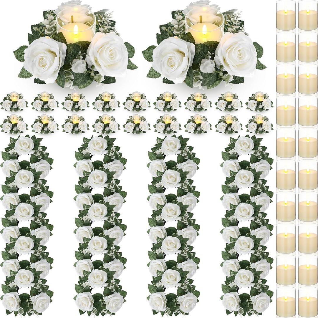 Yunlly 20 Pcs Rose Candle Rings with Flameless Candles Sets, Artificial Flower Eucalyptus Wedding Centerpiece 3 Inch Pillar Candleholders Wreaths for Wedding Party Mother's Day (White)