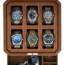 ROTHWELL 6 Slot Leather Watch Box with Valet Drawer - Luxury Case Display Organizer, Microsuede Liner, Locking Mens Jewelry Watches Holder, Men's Watch Storage Large Glass Top (Tan/Brown)