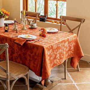 Joyfol Day Fall Thanksgiving Tablecloth, Jacquard Fabric Autumn Square Table Cloth, Countryside Leaves Waterproof Kitchen Dining Harvest Holiday Table Cover (52x52 Inch, Rust/Burnt Orange)