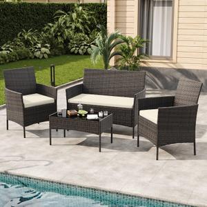 3-Piece Outdoor Furniture Set, PE Rattan Wicker Chairs with Soft Cushions & Tempered Glass Coffee Table - All-Weather Patio Set for Garden, Backyard, Porch, Poolside (Black/Beige)