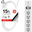 GE Surge Protector Power Strip, 15 Ft Extension Cord, 6 Outlet Extender, 800 Joules, Flat Plug, Twist-to-Close Safety Covers, ETL Listed, White, 50768