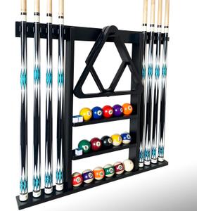 Wall Mount Pool Cue Stick Holder, Black Solid Wood Rack for 8 Cues