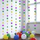 2 x 8 Strings Mardi Gras Hanging Garlands Glitter Green Purple Gold Circle Dots Garland Fat Tuesday Masquerade Paper Banner Hanging Ornaments for Backdrop Carnival Party Decorations - Single Sided