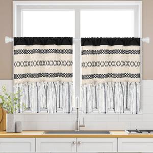 FRAMICS Farmhouse Linen Kitchen Curtains 24 Inch Length Black Striped Short Curtain for Windows Boho Crochet Small Window Curtains for Kitchen Rod Pocket Tier Curtain for Bathroom, Cafe, 2 Panels