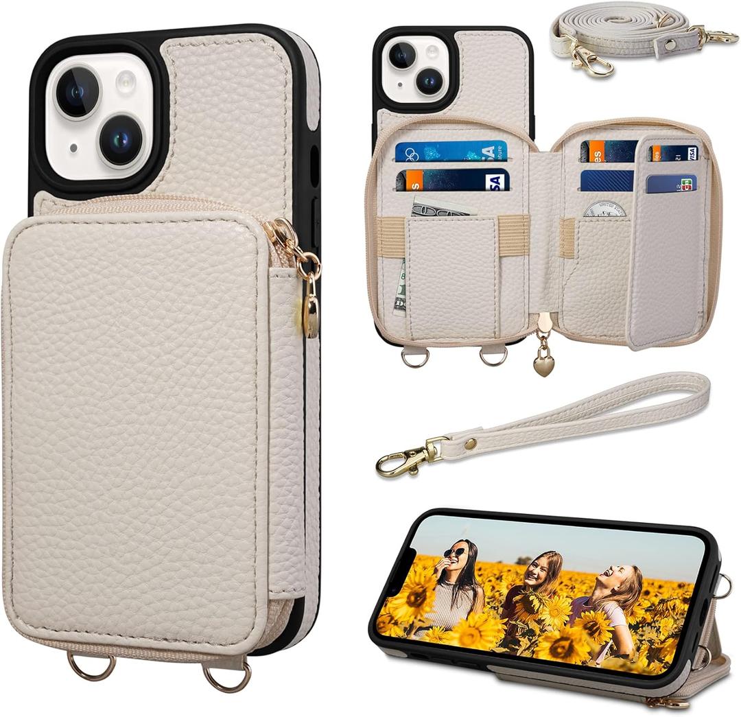 Keallce Case for iPhone 14 6.1'' Case Wallet, Crossbody Zipper Purse with RFID Blocking Card Slots Kickstand, Detachable Lanyard & Handstrap Flip Folio Leather Phone Cover for iPhone 14, Beige