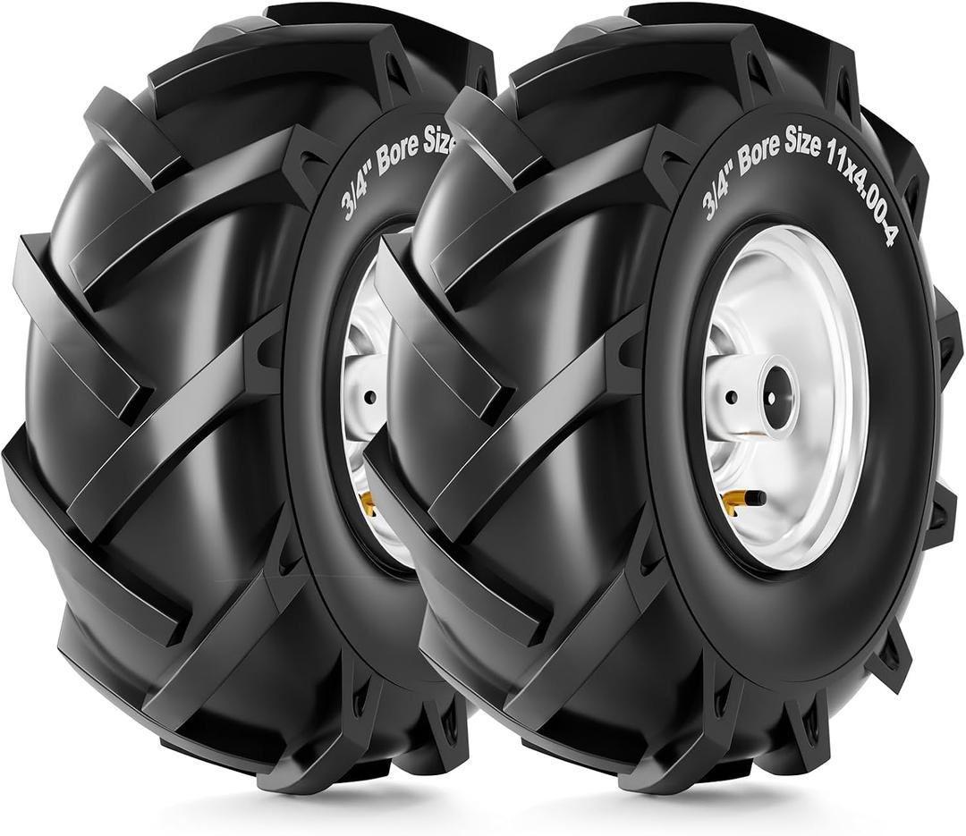 RONPOW 11x4.00-4 Tiller Tire and Wheel, 3/4" Axle Bore, 3-1/8" Centered Hub, 400 lb Load Capacity, 4 Ply Pneumatic Replacement Tire for Rototiller & Garden Tiller, 2 Pack Silver