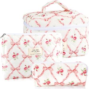 3Pcs Makeup Bag Quilted Cosmetic Bag Set Bow Travel Large Makeup Pouch for Women Cute Portable Cotton Toiletry Bag Skincare Organizer Coquette Vintage Travel Essential