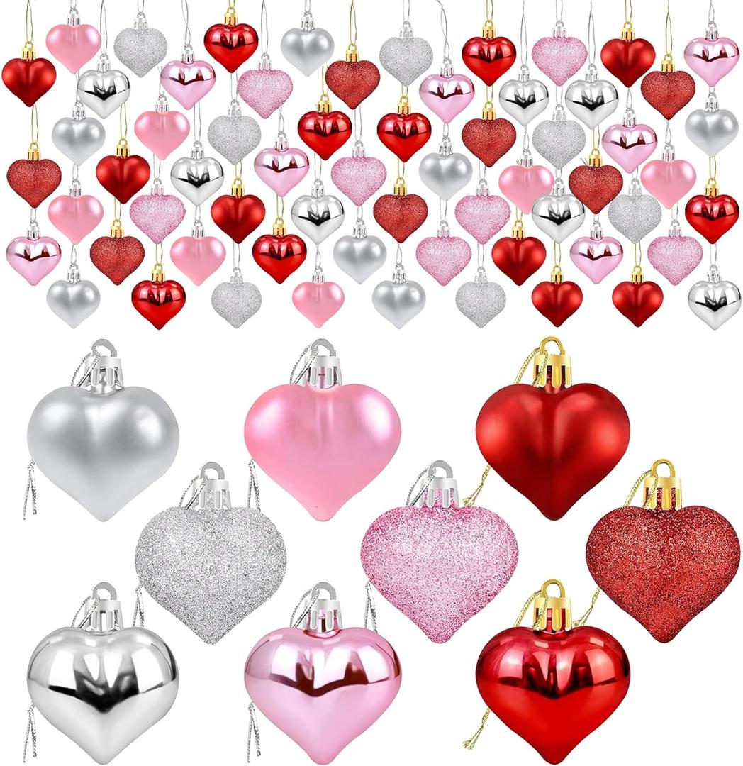 72Pcs Valentines Heart Shaped Ornaments - Valentines Heart Decorations - Red Pink Silver Glitter Hearts Shaped Baubles - Romantic Christmas Valentine's Day Tree Hanging Decorations