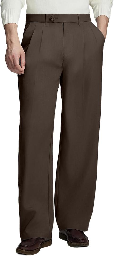 Susclude Mens Casual Dress Pants Old Money Pleated Baggy Wide Leg Vintage Relaxed Fit Slacks Work Office Trousers (Size 30, Coffee)
