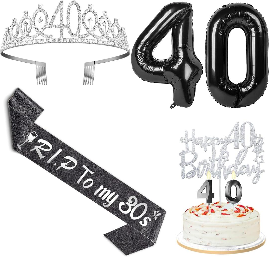 RIP to My 30s Birthday Decorations with 40th Birthday Crown, RIP to my 30s Sash, Cake Topper and Candles, Number Balloons, 40 Year Old Gifts for Women