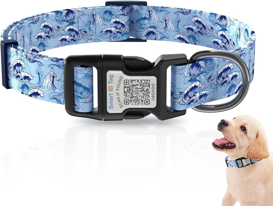 3 x Dog Collar for Small Dogs,Dog Collar with QR Code Name Tag,Soft Polyester Material, Adjustable Pet ID Tag Collar (Blue Wave, Small)