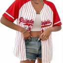 Baseball Jersey Women Game Day Shirt Baseball Player Graphic Tees Button up Short Sleeve Fan Tops (Red, L)