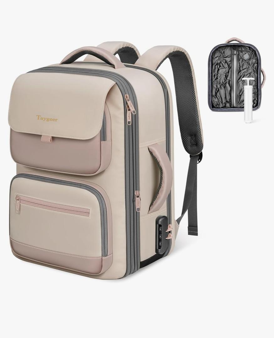 Vacuum Seal Backpack Travel, Expandable Vacuum Seal Carry on Backpack with Hand Pump & Luggage Tag, 17'' laptop Compression Backpacks with RFID Pocket, Personal Item Compression Back Back Travel,Pink