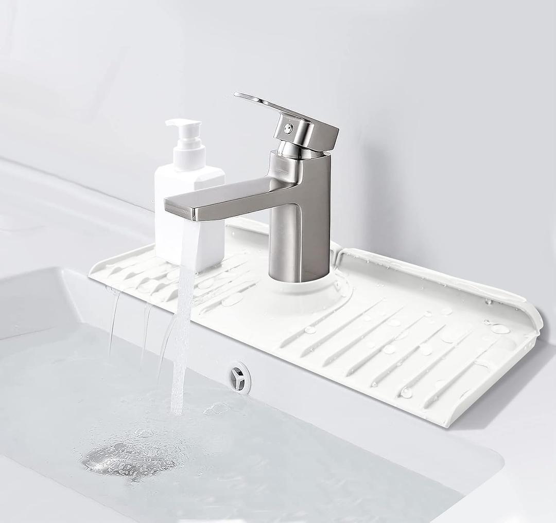 Silicone Faucet Splash Guard - 14.5 x 5.4 Sink Splash Guard - Faucet Water Catcher Mat with Sink Mat & Soap Dish & Sponge Holder 3 in 1 for Kitchen, Farmhouse, Bar & RV (White)