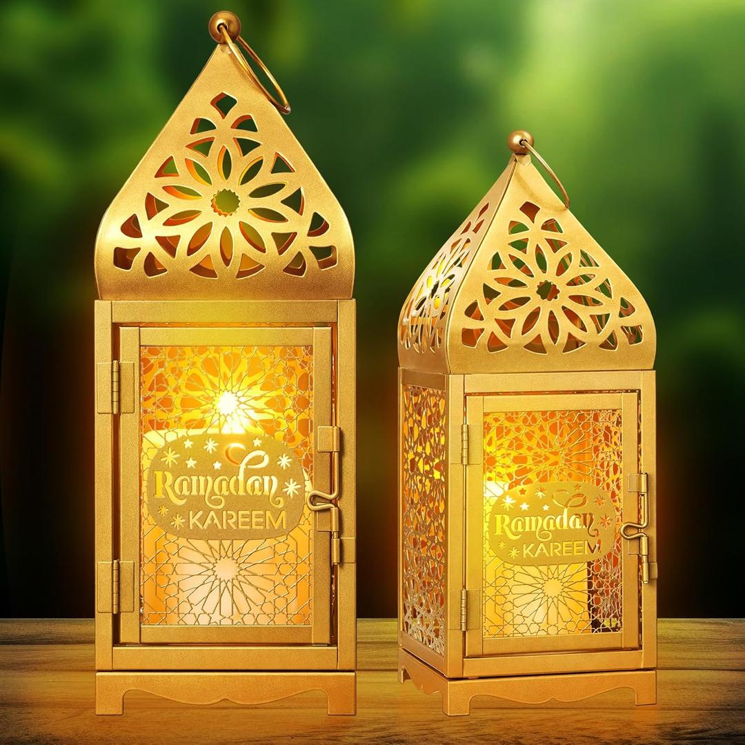 2 Pcs Metal Ramadan Lanterns with 2 Pcs LED Candles Moroccan Eid Large Golden Tower Temple Lantern Candle Holders for Hanging, Outdoor Patio or Porch, Indoor, Table, Home Decor