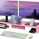 Dual Monitor Stand Riser with Phone Tablet Holder, 35.8in Large Monitor Stand for Desk, Computer Monitor Stand for 2 Monitors, Desk Shelf for Top of Desk, Desktop Organizer for Laptop, Printer, TV (35.7" Pink)