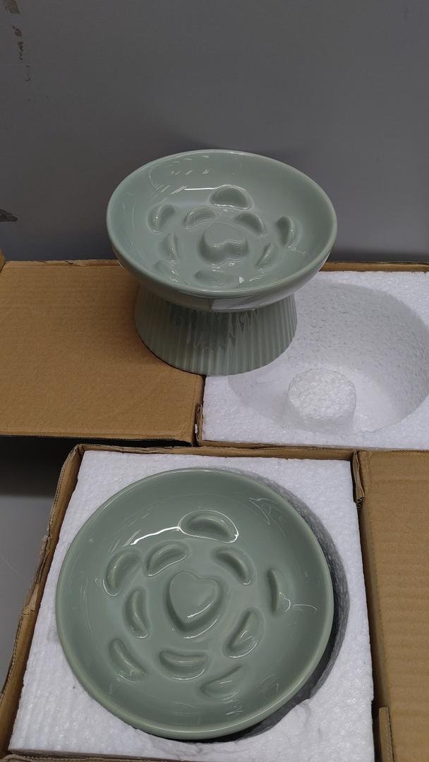 Tioncy 2 Pcs Raised Cat Slow Feeder Bowl Ceramic Elevated Cat Dog Food Bowl No Spill High Edge for Dry Wet Food and Water Easy to Clean, Dishwasher Safe(Sage Green)
