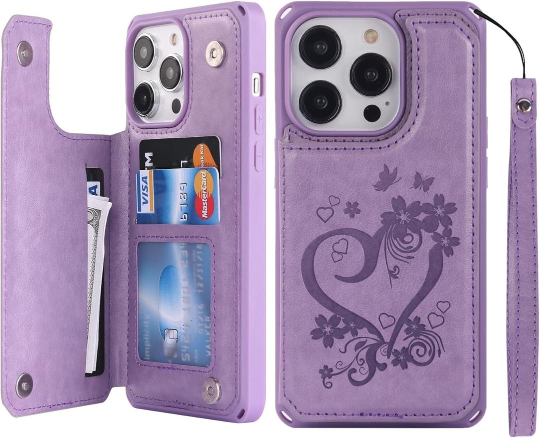 iCoverCase Compatible with iPhone 14 Pro Max Wallet Phone Case with Card Holder for Women, RFID Blocking Embossed PU Leather Wrist Strap Case 6.7 Inch (Heart Purple)