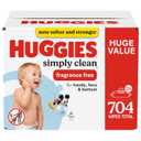 Huggies Simply Clean Unscented Baby Diaper Wipes, 11 Flip-Top Packs (704 Wipes Total), Packaging May Vary