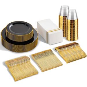SUT 175 Piece Black and Glod Plastic Dinnerware Set for 25 Guests, Disposable Plastic Plates, Include: 25 Dinner Plates, 25 Dessert Plates, 25 Pre Rolled Napkins with Silver Silverware, 25 Cups