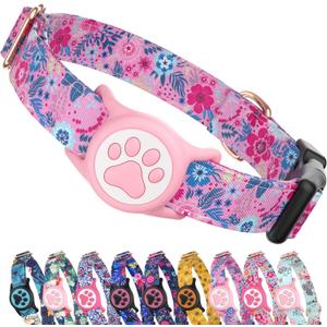 Airtag Dog Collar, with Waterproof airtag Holder, Original Stylish Cute Pattern Design. QR Code ID Buckle, Comfortable Soft Cotton for Medium Dogs (M(13~20), Pink Garden)
